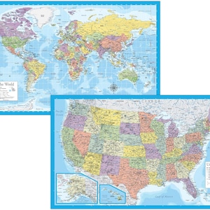 May include: A set of two maps, one of the world and one of the United States. The world map is blue with landmasses in various colors. The United States map is also blue with state borders in various colors. Both maps have a blue border.