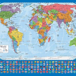 May include: A colorful world map with a blue background and a circle around the continents. The map includes country borders and names. Below the map is a row of flags representing different countries.