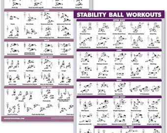 2 Pack: Half Balance Ball Workout Poster + Yoga Ball Exercise Chart - Set of 2 Workout Posters (LAMINATED, 18" x 24")