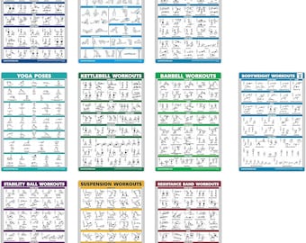 10 Pack - Exercise Workout Posters: Bodyweight (Vol. 1 & 2), Dumbbell, Suspension, Kettlebell, Resistance Bands, Yoga (18" x 24").