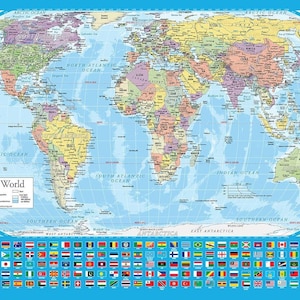 May include: A colorful world map with a blue background and a border of flags from different countries. The map shows the continents of North America, South America, Europe, Asia, Africa, Australia, and Antarctica. The map is titled "The World".