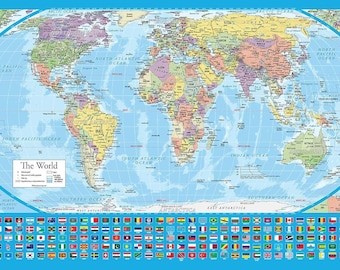 Equal Earth World Map Poster (18" x 29", Laminated) - Light blue design showing continents at true relative size.