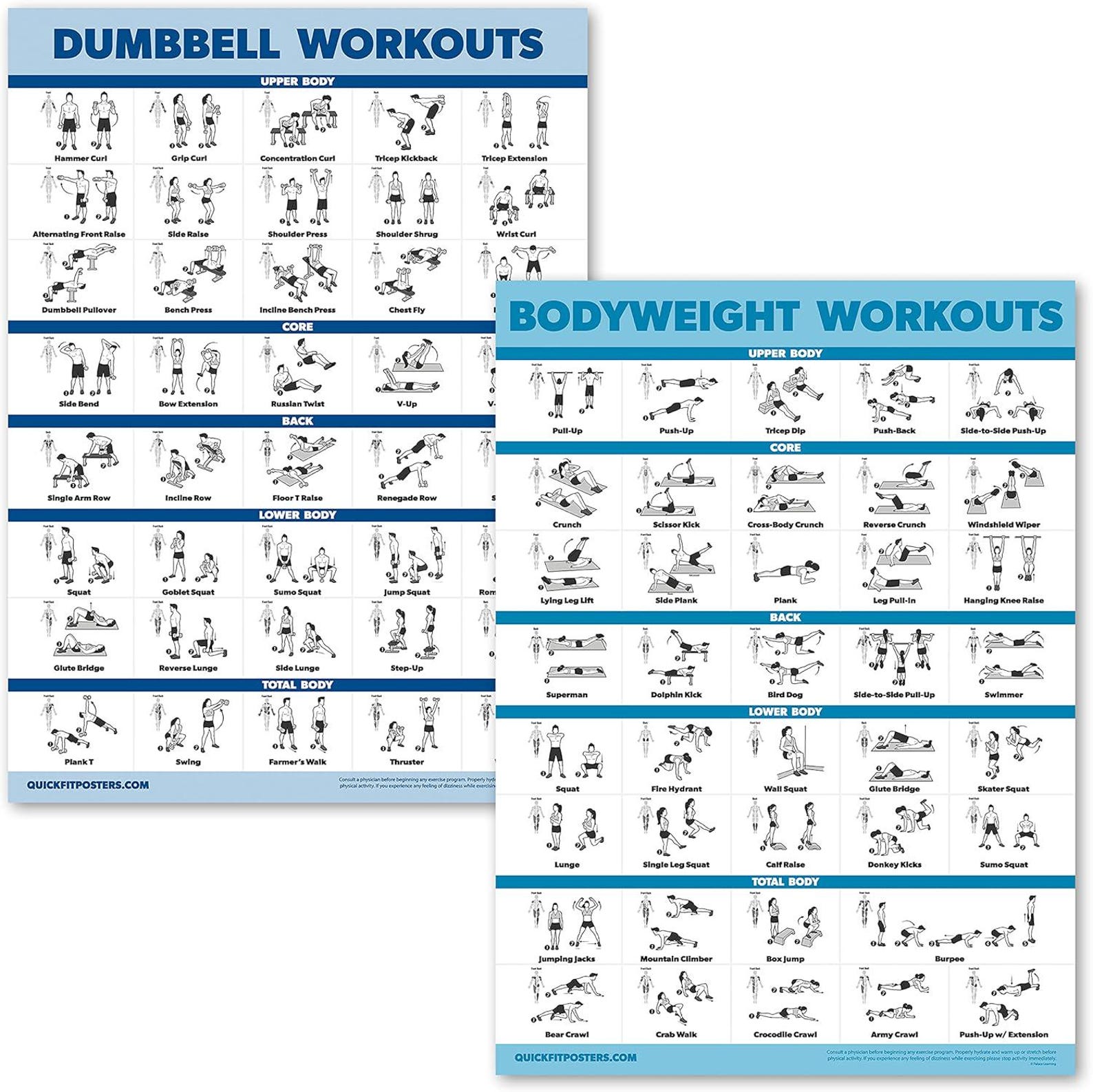 2 Pack Dumbbell and Bodyweight Workout Poster Set - Laminated 18"x24 ...