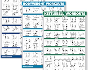 3 Pack - Dumbbell Exercises + Kettlebell Workouts + Bodyweight Routine Poster Set - Set of 3 Workout Charts (LAMINATED, 18" x 24")