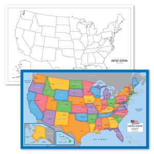 May include: A colorful map of the United States with state borders outlined in black. The map includes Alaska and Hawaii. The map is labeled "United States" in the bottom right corner.