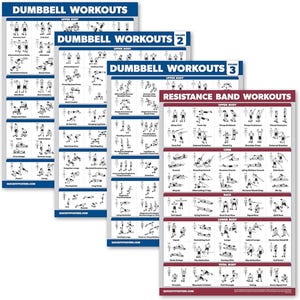 May include: Three black and white workout posters with the title "Dumbbell Workouts" and "Resistance Band Workouts". The posters show different exercises using dumbbells and resistance bands. The posters are numbered 1, 2, and 3.
