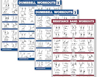 4 Pack - Dumbbell Workout Posters Volume 1, 2 & 3 + Resistance Bands Exercise Chart - Set of 4 Posters (LAMINATED, 18" x 24")