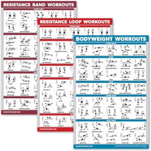 May include: Three exercise posters with workout routines for resistance bands, resistance loops, and bodyweight exercises. Each poster features illustrated exercises categorized by body area, with text labels. The posters are red, white, and blue.