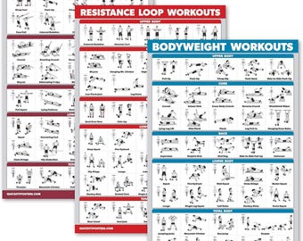 3 Pack: Resistance Bands Exercise Poster + Resistance Loops Workouts + Bodyweight Exercises - Set of 3 Workout Charts (LAMINATED, 18" x 24")