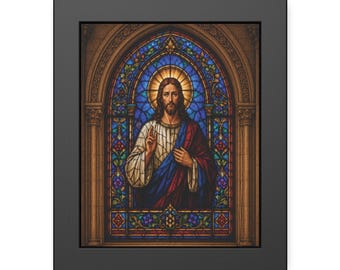 Jesus Stained Glass Framed Print, Christian Wall Art, Religious Home Decor, Framed Faith Artwork, Prayer Room Decor