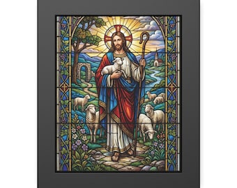 Jesus the Good Shepherd Framed Print, Christian Wall Art, Stained Glass Religious Decor, Faith Based Home Gift