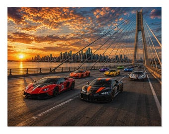 Supercar Sunset Bridge Jigsaw Puzzle Exotic Car Rally Cityscape  110, 252, 500 & 1000 Pieces