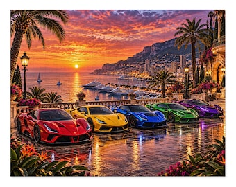 Monaco Supercar Sunset Jigsaw Puzzle, Luxury Exotic Car Puzzle, Colorful Sports Car Puzzle, Car Enthusiast Gift