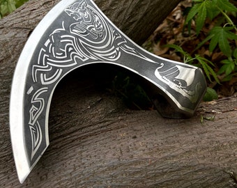 8” Engraved Tomahawk Axe Head, biking Bearded Head, Hand Forged High Carbon Steel Axe Head, Battle Axe HEad, Gift Axe Head For Men