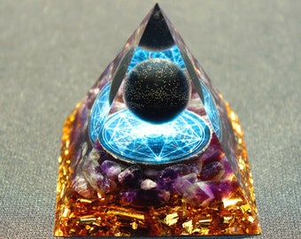 Orgonite Pyramids Obsidian Sphere&Amethyst Energy Seal Healing Crystals Reiki Orgone Pyramid Chakra EMF Protection-6
