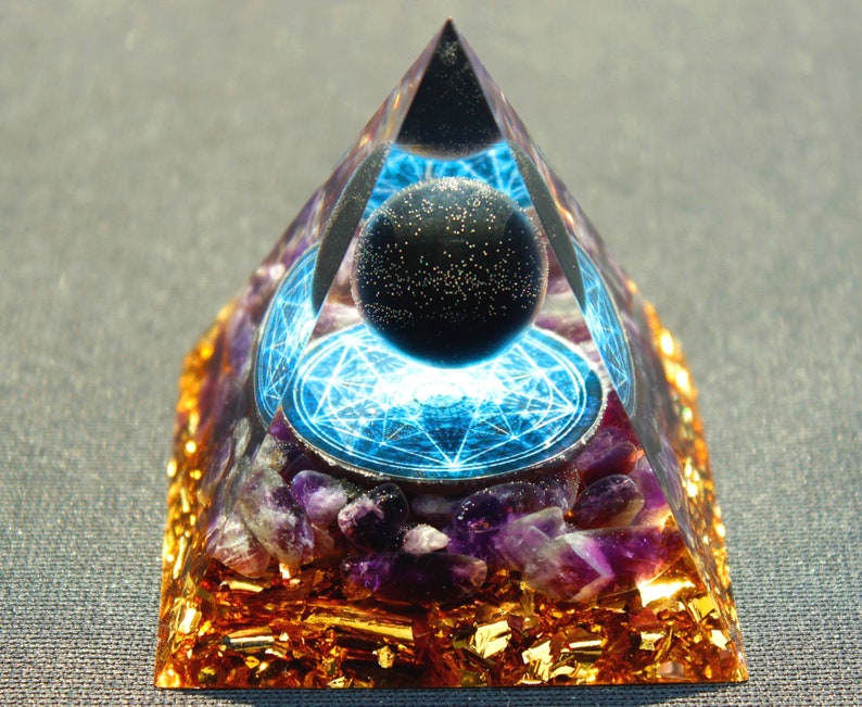 Orgonite Pyramids Obsidian Sphere&Amethyst Energy Seal Healing Crystals Reiki Orgone Pyramid Chakra EMF Protection-6 