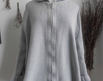 OMEN Vintage Zip Cardigan Gray Cotton with Collar, fits M–L