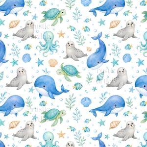 Op de afbeelding: Een herhalend patroon op een witte achtergrond met aquarelillustraties van blauwe vinvissen, grijze zeehonden, groene zeeschildpadden, lichtblauwe octopussen, kleine gele en blauwe vissen, beige schelpen, turquoise zeesterren en groene zeewier.