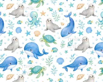 Ocean Exclusive Seamless Patter, Cute Watercolour Turtle Whale Seal Fabric Design, Ocean Background, Sea Repeat Tile