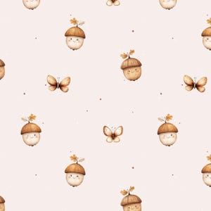 May include: A seamless pattern featuring brown acorns with smiling faces and brown butterflies on a light pink background.