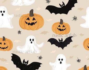 Spöken, fladdermöss och pumpor sömlösa mönster, höst digitalt papper