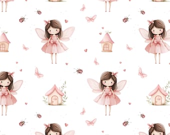 Fairy Seamless Pattern - Watercolour Fairy Nursery Fabric Design - Pink Fairy Digital Paper - Magic Nursery Decor