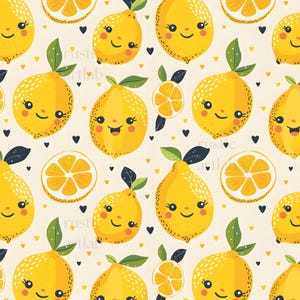 Pode incluir: Um padrão repetido de limões amarelos sorrindo com folhas verdes e corações pretos e amarelos em um fundo creme. Alguns limões estão inteiros, e outros cortados ao meio, todos com rostos fofos.