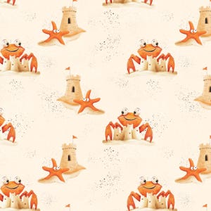 Könnte beinhalten: Ein nahtloses Muster mit orangefarbenen Krabben, die Sandburgen mit Flaggen auf der Spitze bauen, orangefarbenen Seesternen und braunen Sandburgen auf beigefarbenem Hintergrund.