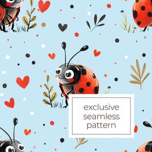 Könnte beinhalten: Hellblaues nahtloses Muster mit Cartoon-Marienkäfern mit roten Punkten, roten Herzen und kleinen braunen Blättern. Die Marienkäfer haben schwarze Köpfe und rot-schwarze Körper. Der Text "exclusive seamless pattern" steht in einem weißen Feld.