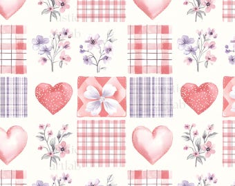 Valentine's Seamless Pattern – Love, Heart Patchwork Valentine Fabric Design Digital Download