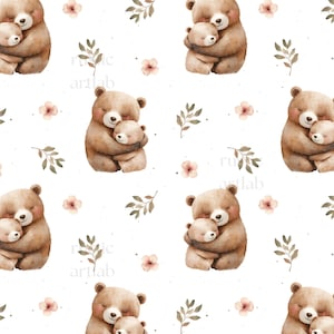 May include: A repeating pattern featuring watercolour illustrations of brown bears hugging their cubs. The bears are surrounded by small pink flowers and sprigs of leaves on a white background. The design has a soft, gentle aesthetic.