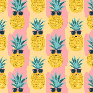 Pineapple Seamless Pattern, Summer Fun Print, Kawaii Pineapple with sunglasses, Fruit Digital Paper, commercial use