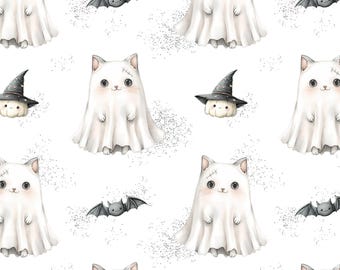Cute Cat Ghost Seamless Pattern, Whimsical Halloween Digital Paper, Watercolour Halloween Fabric Print, Cat in Ghost Costume Pattern Design