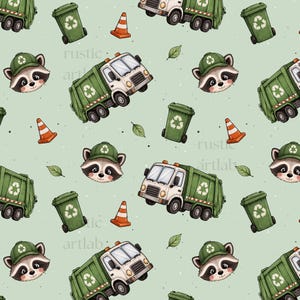 May include: A repeating pattern on a light green background featuring illustrations of white and green garbage trucks, green recycling bins with white symbols, orange traffic cones, green leaves, and raccoon faces wearing green caps.