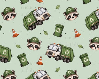 Garbage Truck Seamless Pattern, Recycling Lorry Fabric Design, Kids Vehicle Background Digital Download