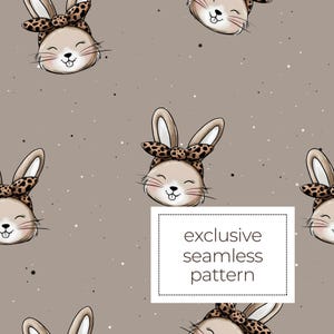 May include: A repeating pattern of smiling cartoon bunnies wearing leopard print headbands on a taupe background. The text "exclusive seamless pattern" is in a white box. Small white speckles are scattered across the design.
