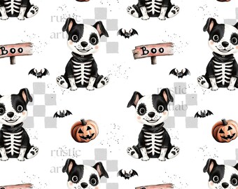 Halloween Dog Seamless Pattern, Whimsical Halloween Fabric Design, Skeleton Dog and Bats Background