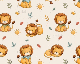 Baby Lion Seamless Pattern - Safari Animals Fabric Design - Cute Lion Repeat Tile Digital Download