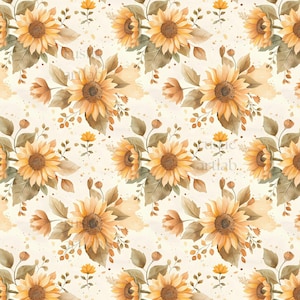 Puede incluir: Un patrón repetitivo que presenta girasoles estilo acuarela en tonos amarillos y naranjas con hojas y tallos de color verde apagado sobre un fondo crema. El diseño incluye pequeños capullos y sutiles salpicaduras de pintura.