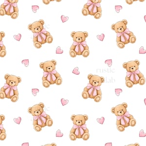 May include: A repeating pattern of tan teddy bears with pink bows and pink hearts on a white background. The bears are sitting upright, and the hearts are scattered around the bears.