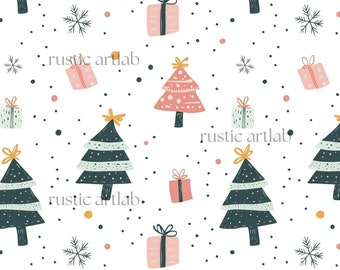 May include: A seamless pattern featuring Christmas trees, snowflakes, and gift boxes. The trees are decorated with green, blue, and pink ornaments. The gift boxes are wrapped in pink, blue, and green paper. The background is white with small black and pink dots.