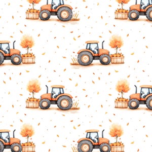 Könnte beinhalten: Wiederholendes Aquarellmuster mit orangefarbenen Traktoren, Bäumen, Kürbissen und Herbstblättern auf weißem Hintergrund. Ideal für Produkte zum Thema Herbst.