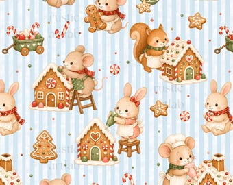 Gingerbread House Seamless Pattern, Christmas Baker Fabric Designs, Gingerbread Cookies Baking Background Digital Download