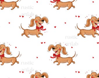 Dachshund Seamless Pattern – Red Bow Dog Fabric Design Love Dog Repeat Tile Digital Download