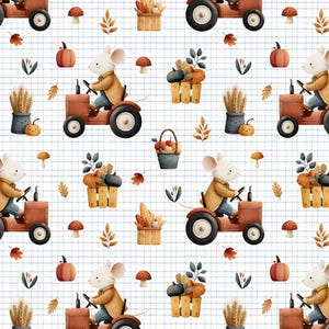 May include: A repeating pattern featuring a mouse driving a red tractor, surrounded by pumpkins, mushrooms, and fall foliage. Other elements include baskets of produce and decorative fences, all set against a white and blue grid background.