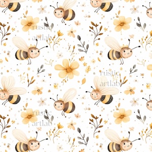 May include: A repeating pattern featuring watercolor illustrations of smiling bees, yellow flowers, and sprigs of leaves on a white background. The bees have black and yellow striped bodies and large, transparent wings. The flowers are in various sizes and shades of yellow.