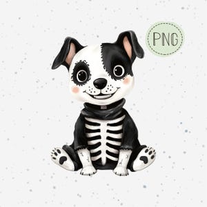 May include: A digital illustration of a cartoon puppy dressed in a skeleton costume. The puppy has a black and white face, black ears, and a black skeleton suit. The image includes a green circle with the text "PNG".
