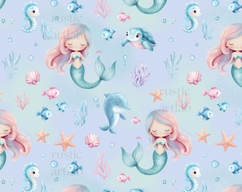Mermaid Seamless Pattern - Ocean Kids Fabric Design - Cute Mermaids Dolphin Turtle Background Digital Download