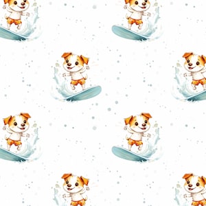 May include: A repeating pattern featuring cartoon dogs surfing on blue surfboards. The dogs are white and brown, wearing orange swim trunks. Each dog is riding a wave with white water splashing around them. The background is white with blue speckles.