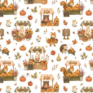 May include: A repeating pattern featuring woodland animals at market stalls with signs reading Fresh Flowers, Honey, Pumpkins, and Support Local. The design includes squirrels, rabbits, a bear, a fox, and a hedgehog surrounded by autumn leaves, pumpkins, and apples.